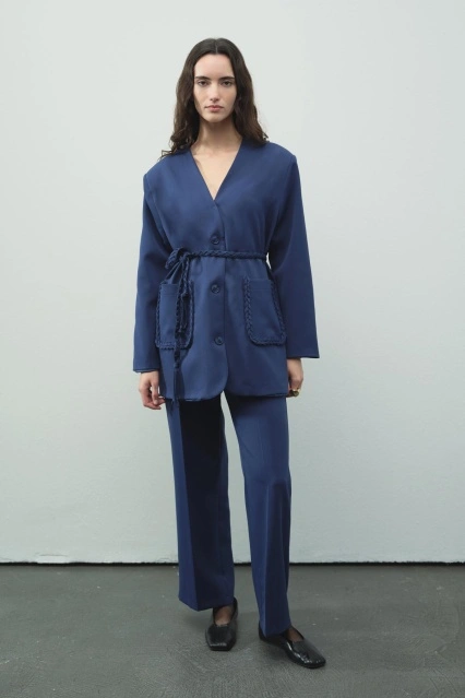 Meri Örme İp Detaylı Lacivert Ceket Takım