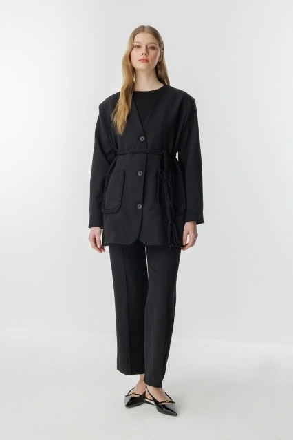 Meri Örme İp Detaylı Siyah Ceket Takım