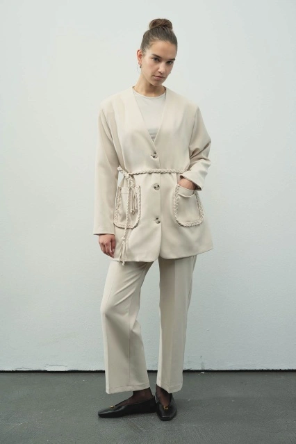 Meri Örme İp Detaylı Taş Ceket Takım