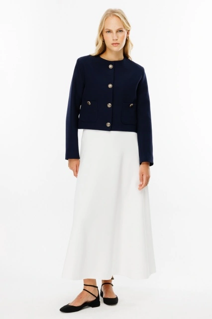 Metal Düğmeli Lacivert Crop Ceket