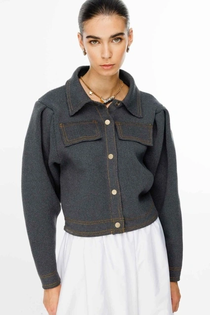 Metal Düğmeli Triko Bomber Antrasit Ceket