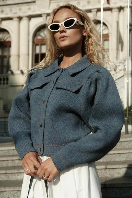 Metal Düğmeli Triko Bomber İndigo Ceket