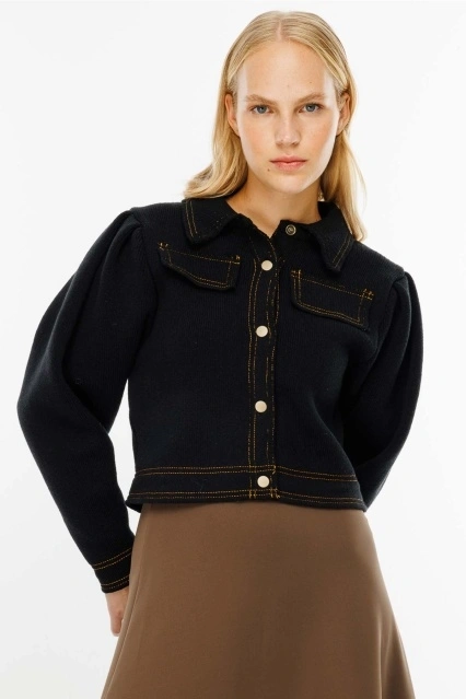 Metal Düğmeli Triko Bomber Siyah Ceket