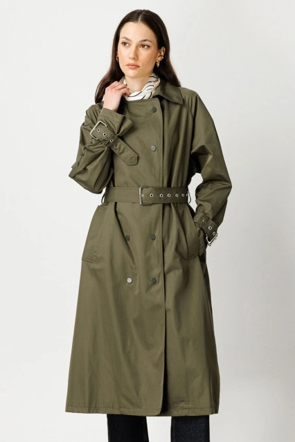 Metalik Aksesuarlı Oversize Haki Trençkot