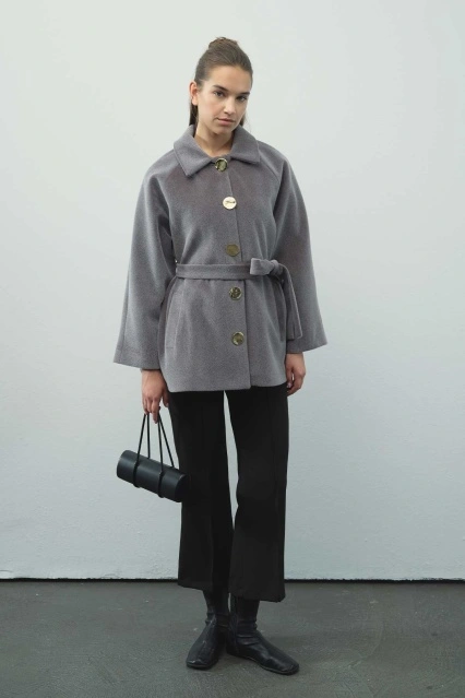 Milena Gold Düğmeli Füme Ceket Kaban