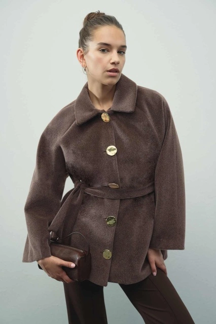 Milena Gold Düğmeli Kahve Ceket Kaban