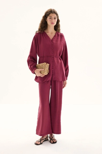 Modal Birit Düğme Detaylı Bordo Pantolon Takım