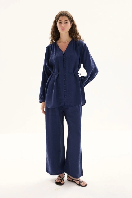 Modal Birit Düğme Detaylı Lacivert Pantolon Takım