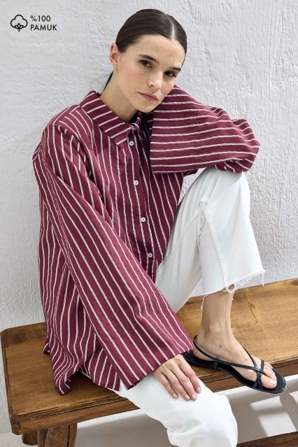 Modal Çizgili Bordo Gömlek