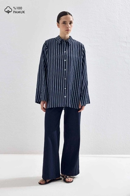 Modal Çizgili Lacivert Gömlek