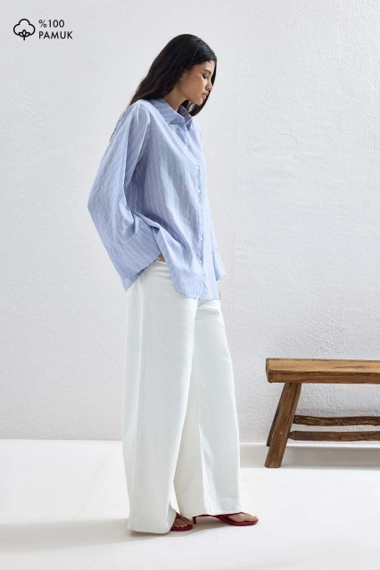 Modal Çizgili Mavi Gömlek