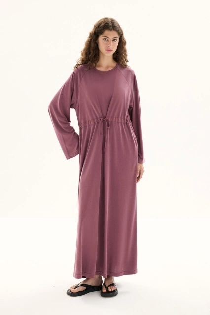 Modal İçeren Önden Büzgü Bağlamalı Gül Kurusu Elbise