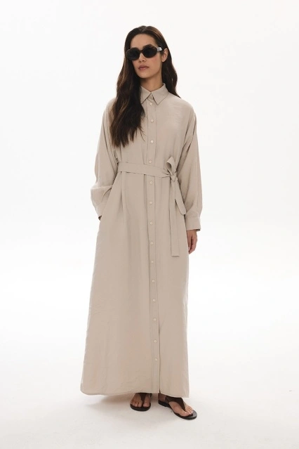 More Önden Düğmeli Modal Bej Elbise