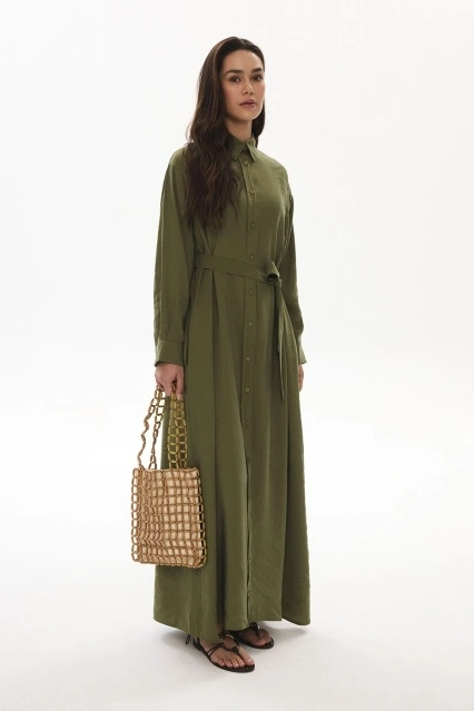 More Önden Düğmeli Modal Haki Elbise