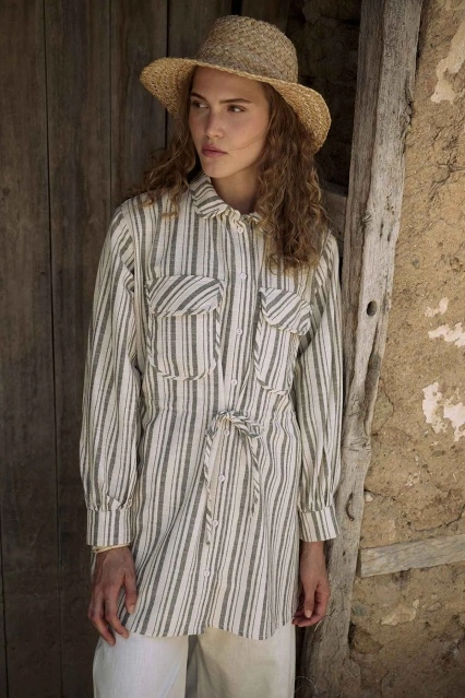 Naturel Çizgili Haki Keten Ceket