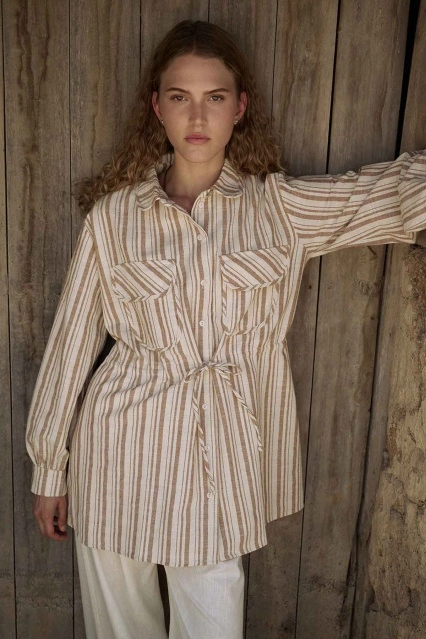 Naturel Çizgili Tarçın Keten Ceket