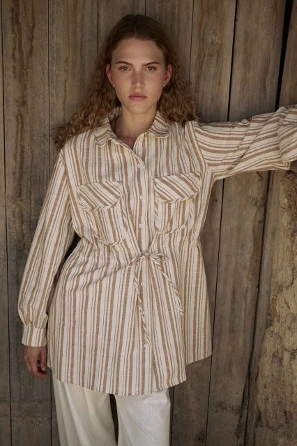 Naturel Çizgili Tarçın Keten Ceket Naturel Çizgili Tarçın Keten Ceket