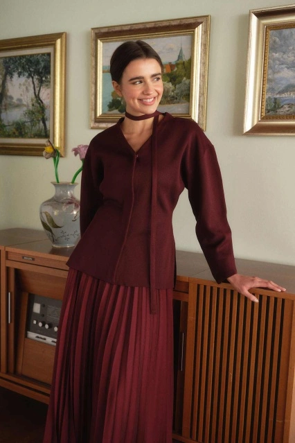 Naye Belden Oturtma Merserize Bordo Hırka