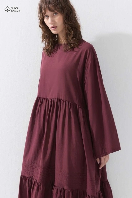 Nervür Dikiş Detaylı Pamuklu Bordo Elbise