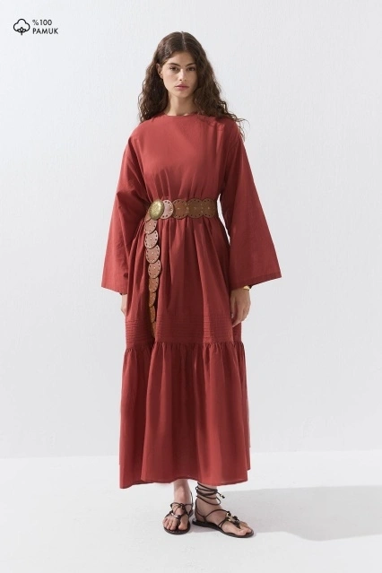 Nervür Dikiş Detaylı Pamuklu Kiremit Elbise