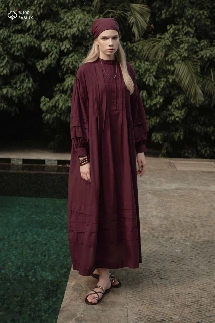 Nervür Vual Uzun Bordo Elbise