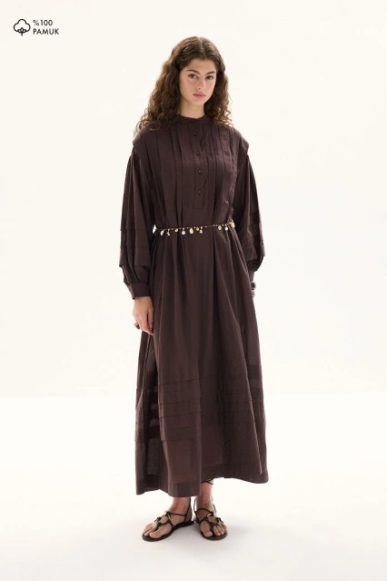 Nervür Vual Uzun Kahve Elbise