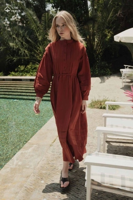 Nervür Vual Uzun Kiremit Elbise