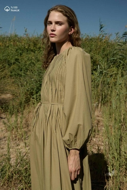 Nervürlü Pamuk Vual Ada Çayı Elbise