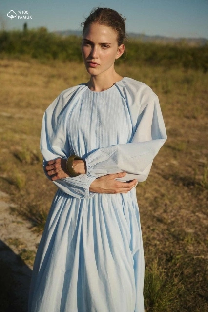 Nervürlü Pamuk Vual Bebe Mavisi Elbise