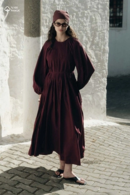 Nervürlü Pamuk Vual Bordo Elbise