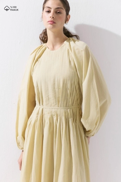 Nervürlü Pamuk Vual Butter Yellow Elbise