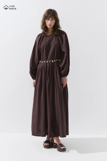Nervürlü Pamuk Vual Kahve Elbise