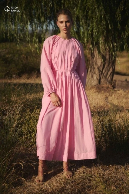 Nervürlü Pamuk Vual Pembe Elbise