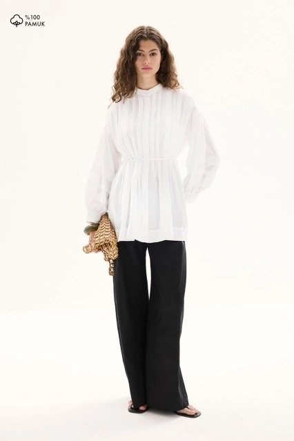 Nervürlü Pamuklu Vual Beyaz Gömlek