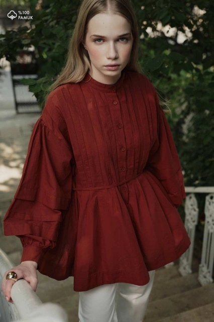Nervürlü Pamuklu Vual Kiremit Gömlek