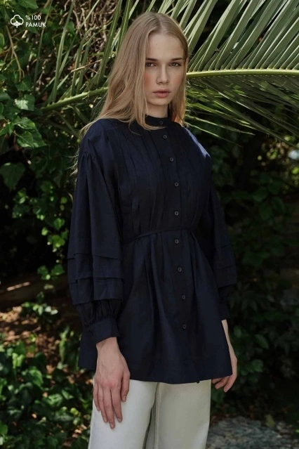 Nervürlü Pamuklu Vual Lacivert Gömlek