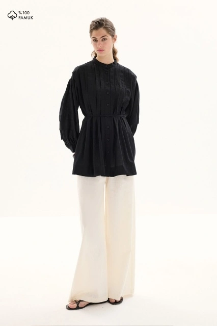 Nervürlü Pamuklu Vual Siyah Gömlek