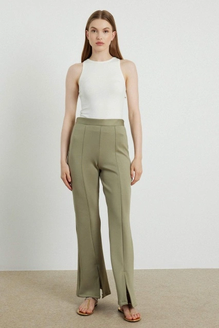 Ön Yırtmaçlı Scuba Acı Yeşil Pantolon