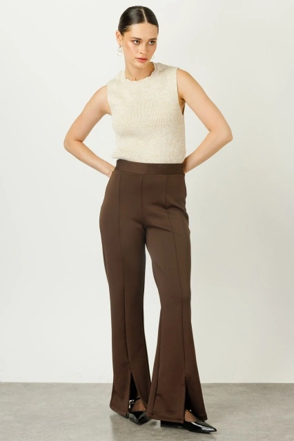 Ön Yırtmaçlı Scuba Koyu Kahve Pantolon