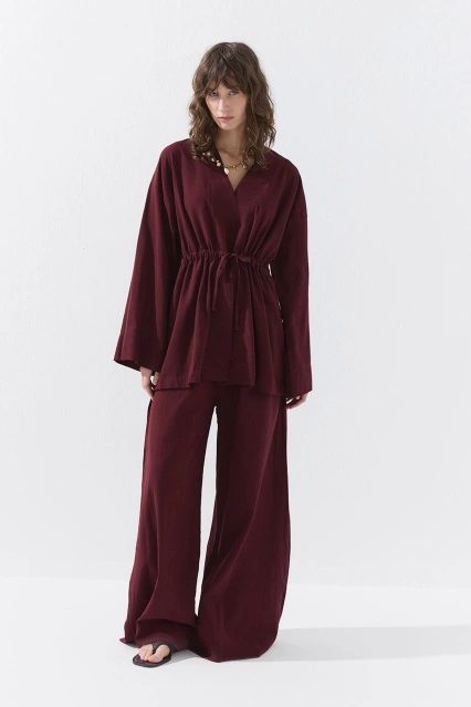 Önden Bağlama Detaylı Bordo Kimono Pantolon Takım