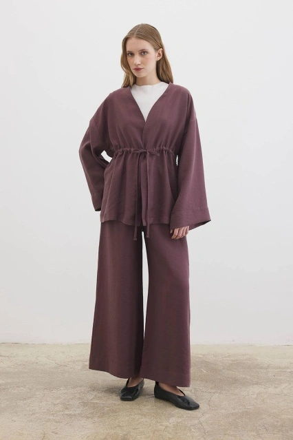 Önden Bağlama Detaylı Çikolata Kimono Pantolon Takım