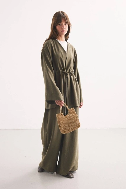 Önden Bağlama Detaylı Haki Kimono Pantolon Takım