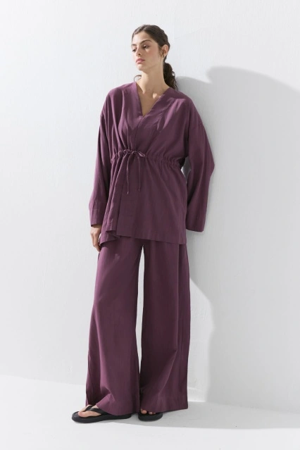 Önden Bağlama Detaylı Mürdüm Kimono Pantolon Takım