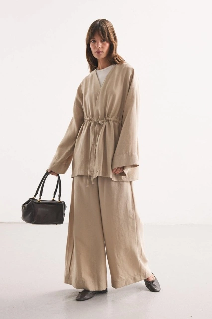 Önden Bağlama Detaylı Taş Kimono Pantolon Takım