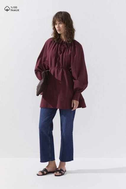 Önden Bağlamalı Dökümlü Vual Bordo Gömlek