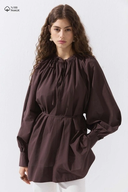 Önden Bağlamalı Dökümlü Vual Kahve Gömlek