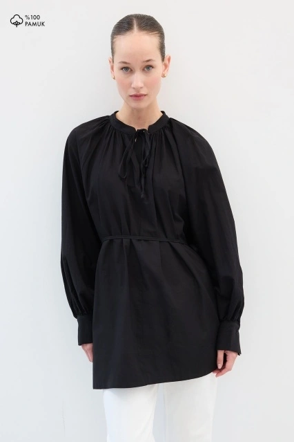 Önden Bağlamalı Dökümlü Vual Siyah Gömlek