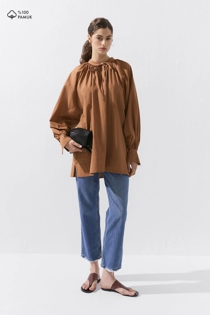 Önden Bağlamalı Dökümlü Vual Taba Gömlek