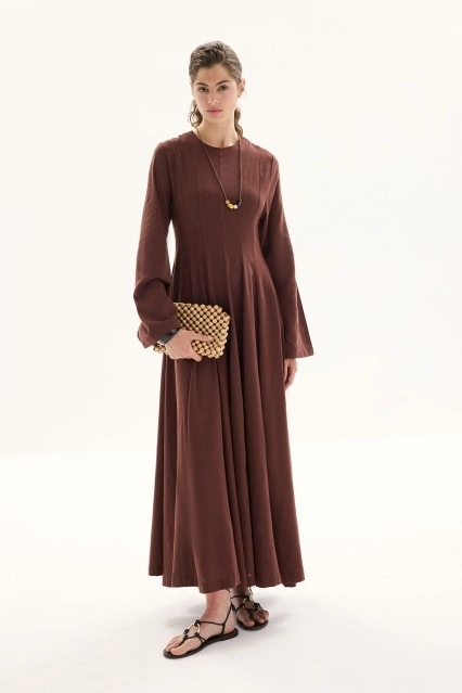 Organik Karışımlı Belden Oturma Detaylı Bakır Elbise