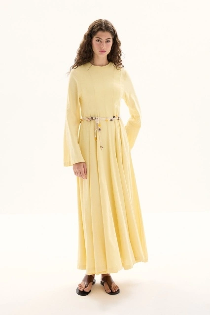 Organik Karışımlı Belden Oturma Detaylı Butter Yellow Elbise